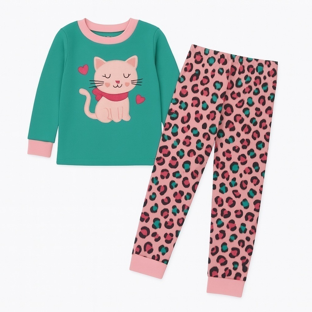 Double Spearmint Cat 2 Piece Fleece Pajama Set